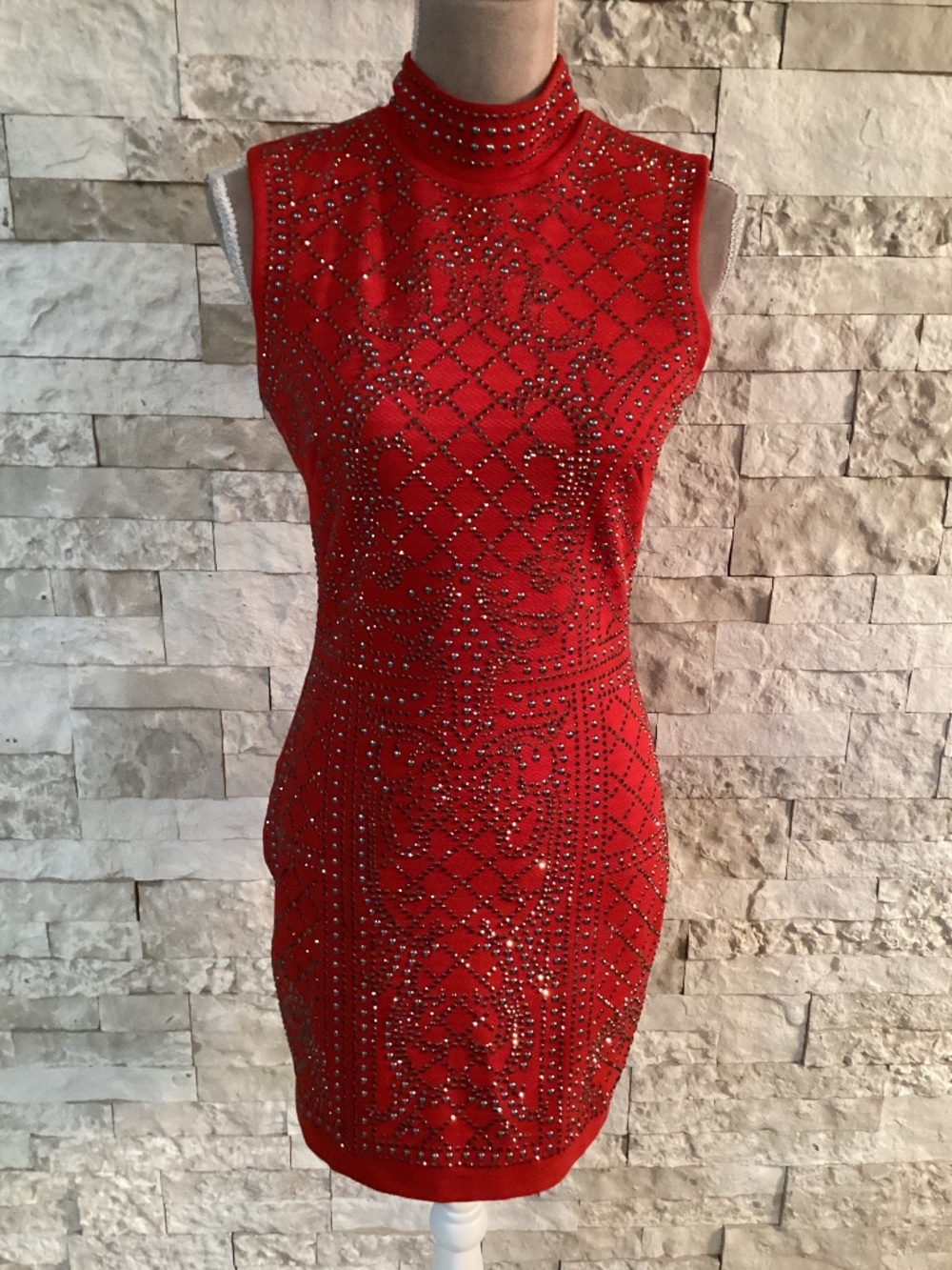 bebe Red Crystal High Neck Bodycon Dress
